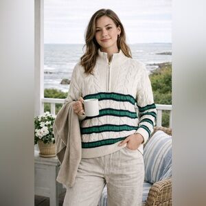 Lands End Drifter Sweater XL Cable Knit 1/4 Zip Striped Cotton